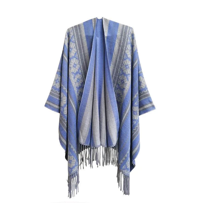 

Spring Autumn Geometric Jacquard Ethnic Style Tourism Split Tassel Shawl Women Air Conditioner Poncho Lady Capes Blue Cloaks