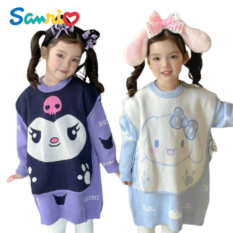 Anime Kawaii Sanrios Hellokittys Cinnamoroll Kuromi Girl Dress Cartoon Cute Sweet Princess Sweater Knitted Skirt Toddler Clothes