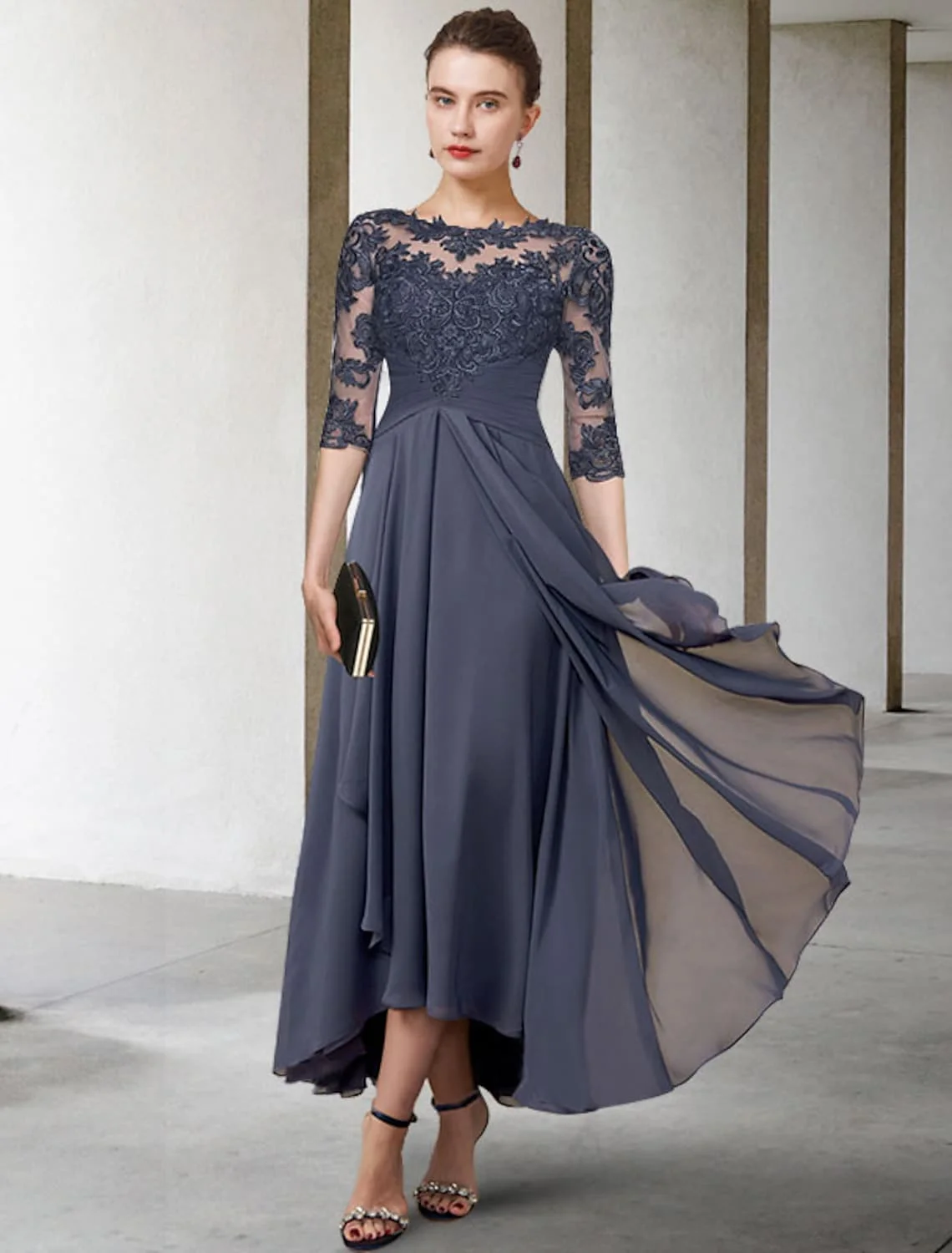 Customzized High Low Mother of the Bride Dress  2025 Jewel Tea Length Chiffon Lace Half Sleeve Wedding Guest Party Gowns