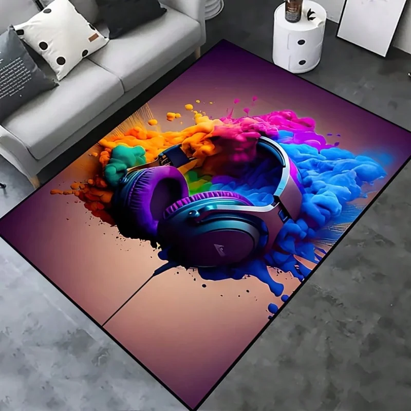 Neon Smoke Headphones Gaming Area Rug Colorful Music Headset Non Slip Gamer Room Floor Carpet