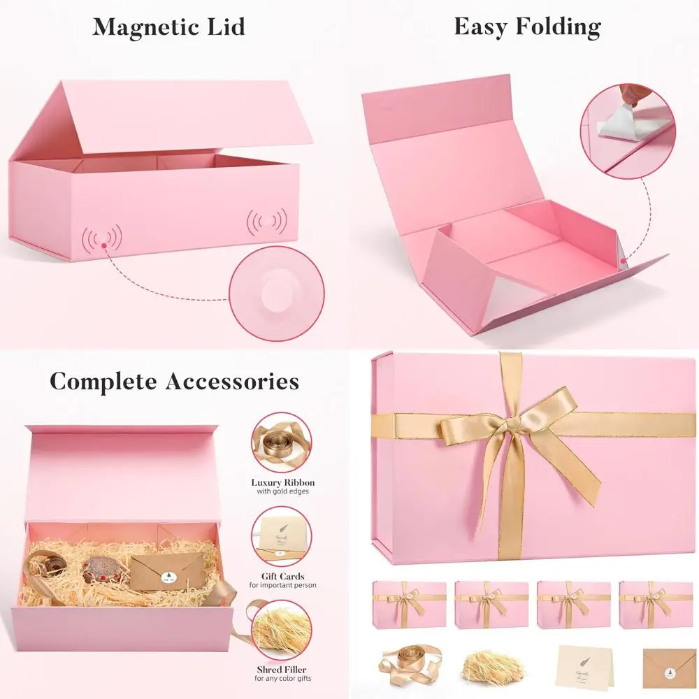

Elegant Large Pink 14x8.5x4.5 Christmas Gift Boxes with Lids, Shredded Filler, and Ribbon for Special Occasions