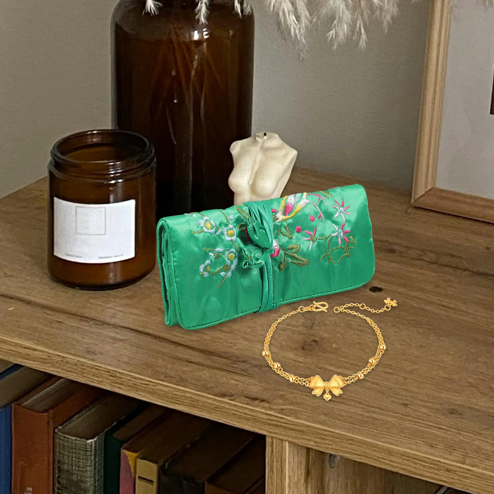 حقيبة تخزين المجوهرات مصنوعة يدويًا بتصميم زهرة مطرزة ومنظم نشمر للسفر والأقراط والقلادة والسوار باللون الأخضر #3