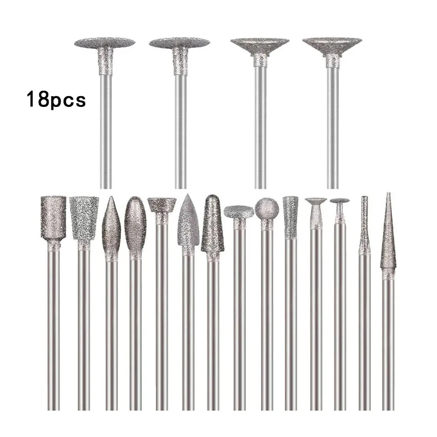 18 Pcs Diamond Burr Set 1/8 Inch Handle for Dremel Rotary Tools Stone Carving Drill Bits Various Shapes for Engraving Polishing