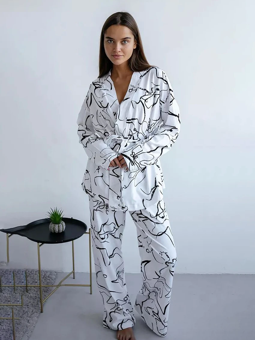 

Marthaqiqi Printing Female Sleepwear Suit Turn-Down Collar Pajamas Long Sleeve Nightie Lace Up Pyjamas Pants Women Nightgown Set