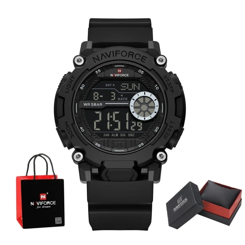 NAVIFORCE Men's Watch Waterproof Round Dial LCD Digital Countdown Alarm Day Date Clock Students Sports Daily Wristwatch Gift Box