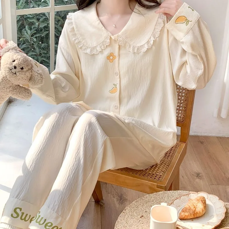 

Women Pajamas with Breast Pad Cotton Long Sleeved Nightgown 2024 Latest Spring Autumn Pyjamas Lacework Doll Collar Nightdress