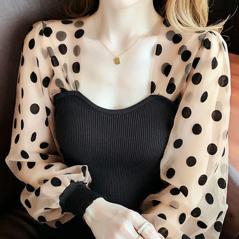 2022 French Gauze Polka  Dot Splicing  Puff Sleeve  Women  Early  Autumn Upper Outer Garment  Ice Silk Slim Fit Thin  Femme