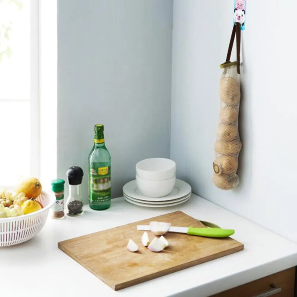 2Pcs Mesh Kitchen Hanging Bag Fruit Vegetable Storage Breathable Organizer Holder Garbage Bag Dispenser for Home Beige