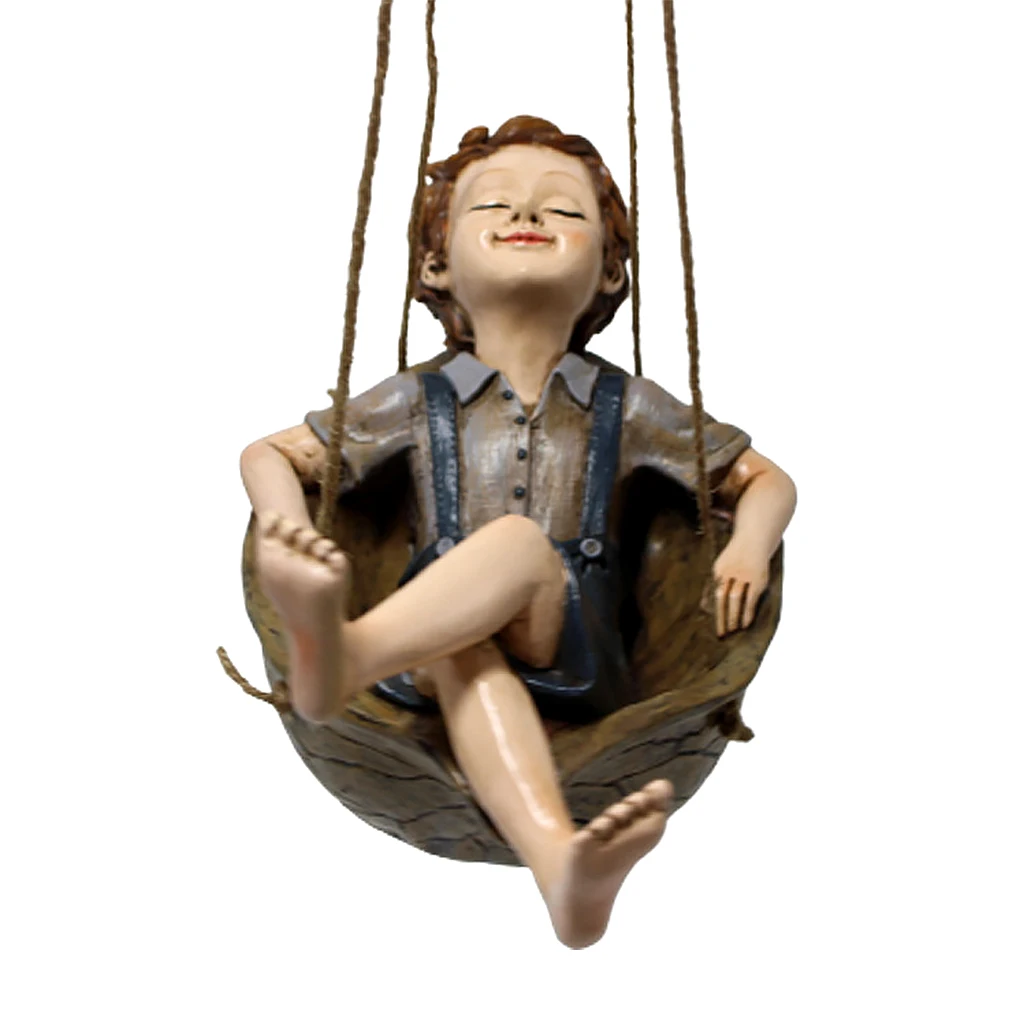 Swing Boy Pendant Hand-painted Resin Coating Garden Backyard Outdoor Decor Hanging Statue Ornament Accessories