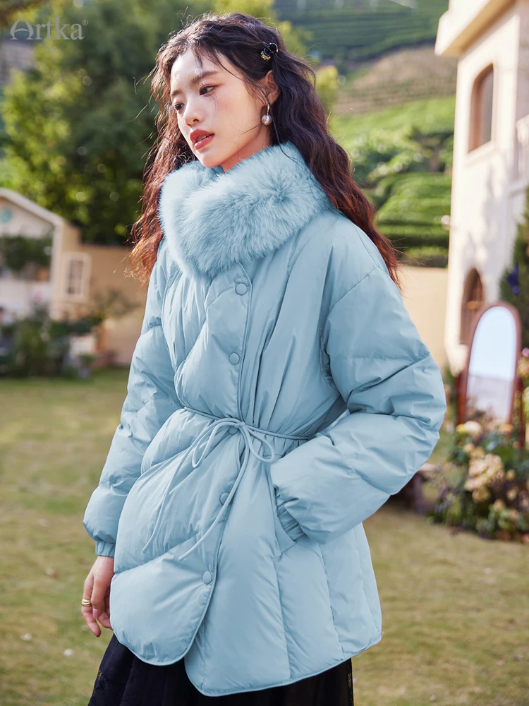 ARTKA 2022 Winter New Women Down Coat Fashion Elegant 90% White Duck Down Coats Fox Collar Thicken Warm Down Jacket DK92123D