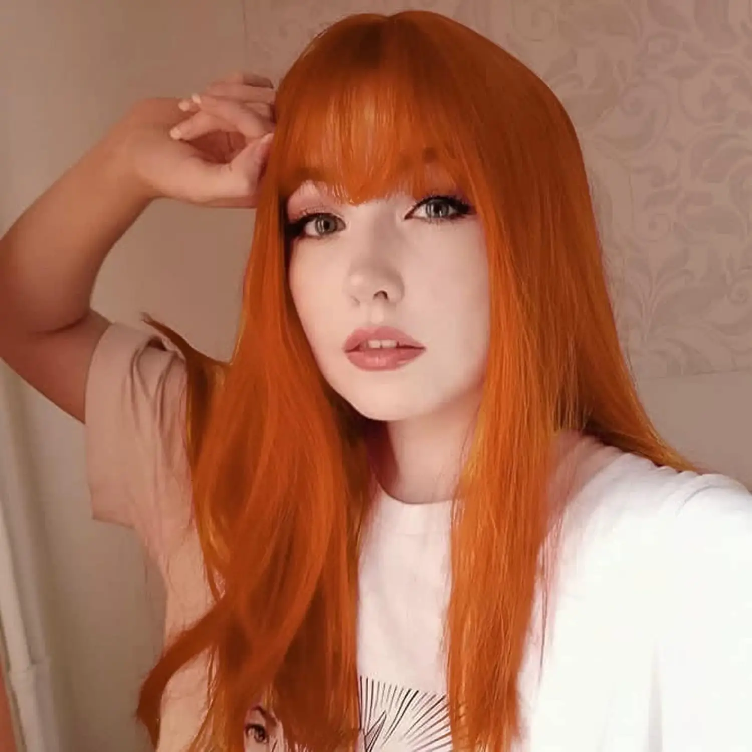 32 in Orange Wig Long Straight with Bangs
