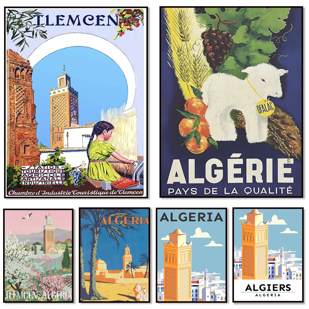 Vintage Algeria Tlemcen, desert, Islamic wall painting, Algerian coffee shop, Oran print, Algiers city travel poster home decor