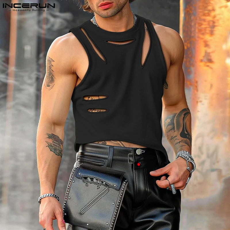 2024 Men T Shirt Solid Color O-neck Short Sleeve Hollow Out Irregular Vests Streetwear Sexy Fashion Summer Men Clothing INCERUN