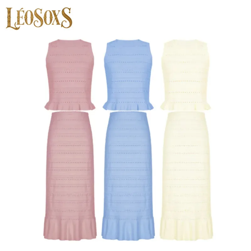 

LEOSOXS High Quality Knitted New Fashionable Solid Color Round Neck Lace Hollow Out Sleeveless Vest Slim Fit Skirt Women's Set
