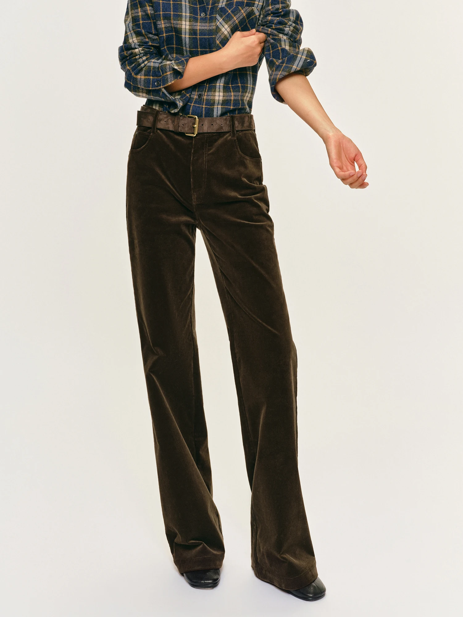 HaveRice Restaurant 90s Corduroy Flared Pants Autumn Winter Advanced Brown Long Casual Pants Women's Low Waist Button Cotton