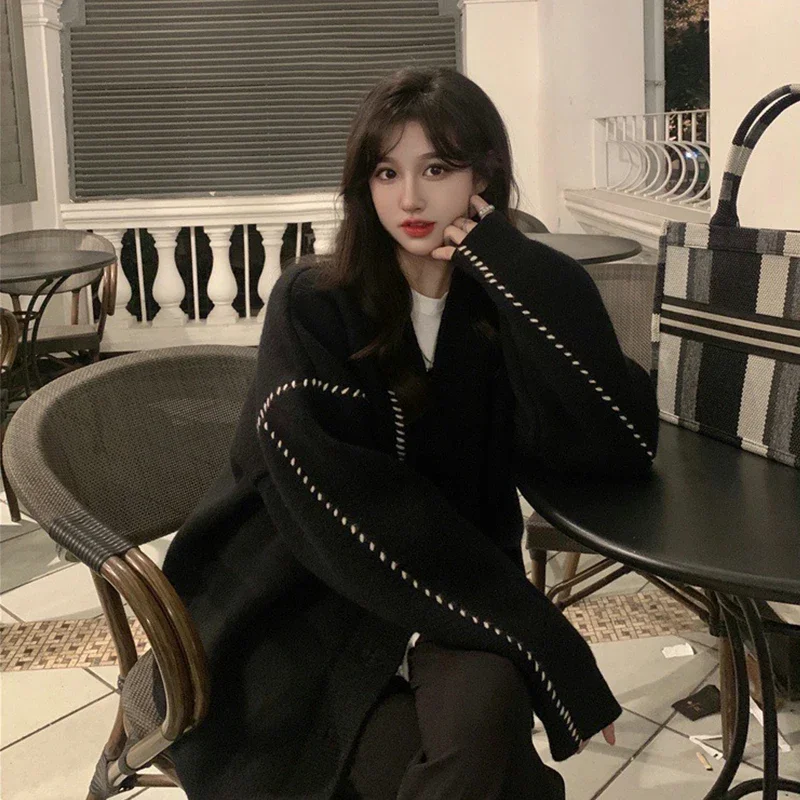 

Женский свободный кардиган с v-образным вырезом, свитер 202, осень-зима, вязаные кардиганы, однотонный однобортный вязаный женский ленивый свитер, пальто