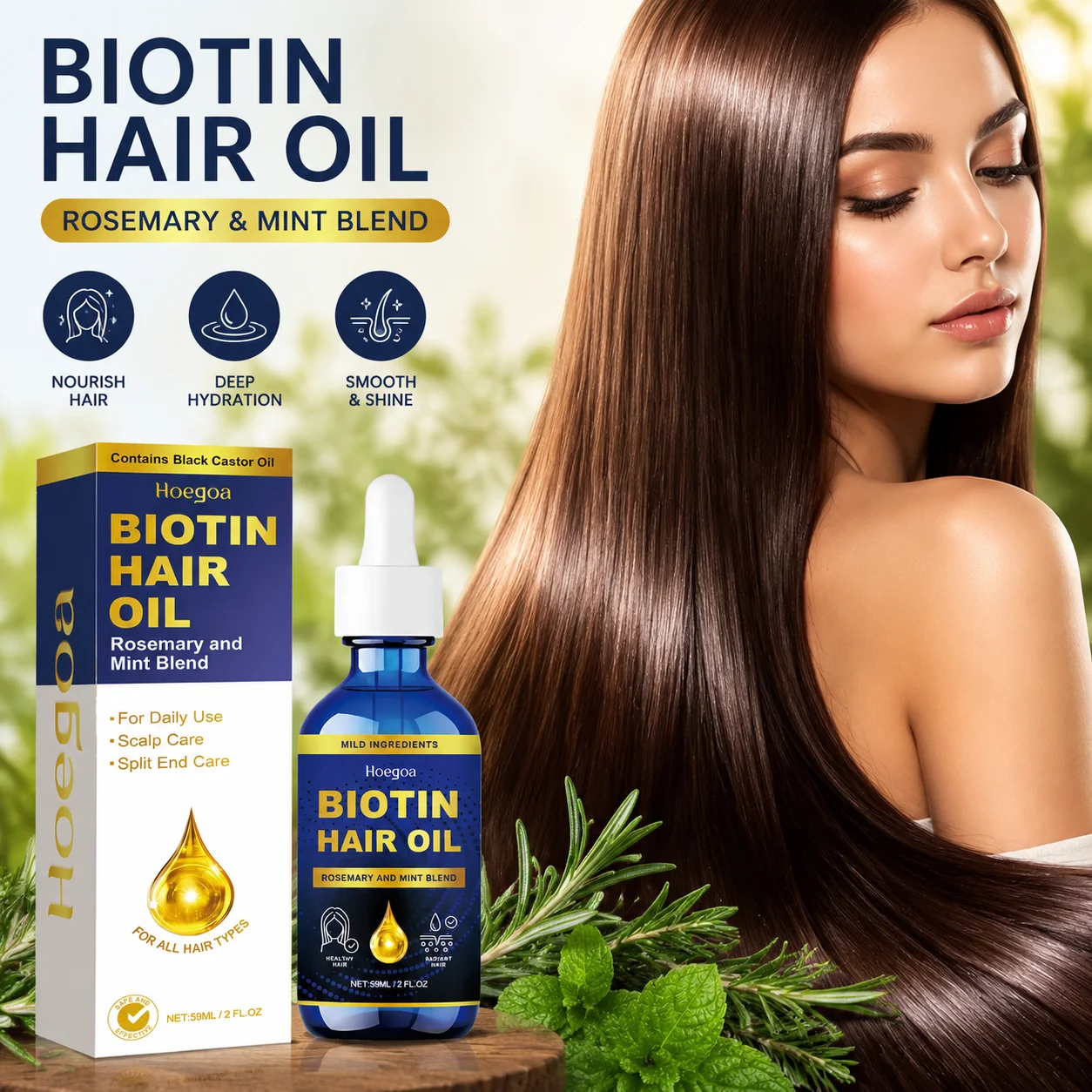 

Biotin Rosemary Mint Hair Oil Black Castor Gentle Scalp Care Moist Smooth Anti-Frizz Split End Repair Treatment All Hair Types