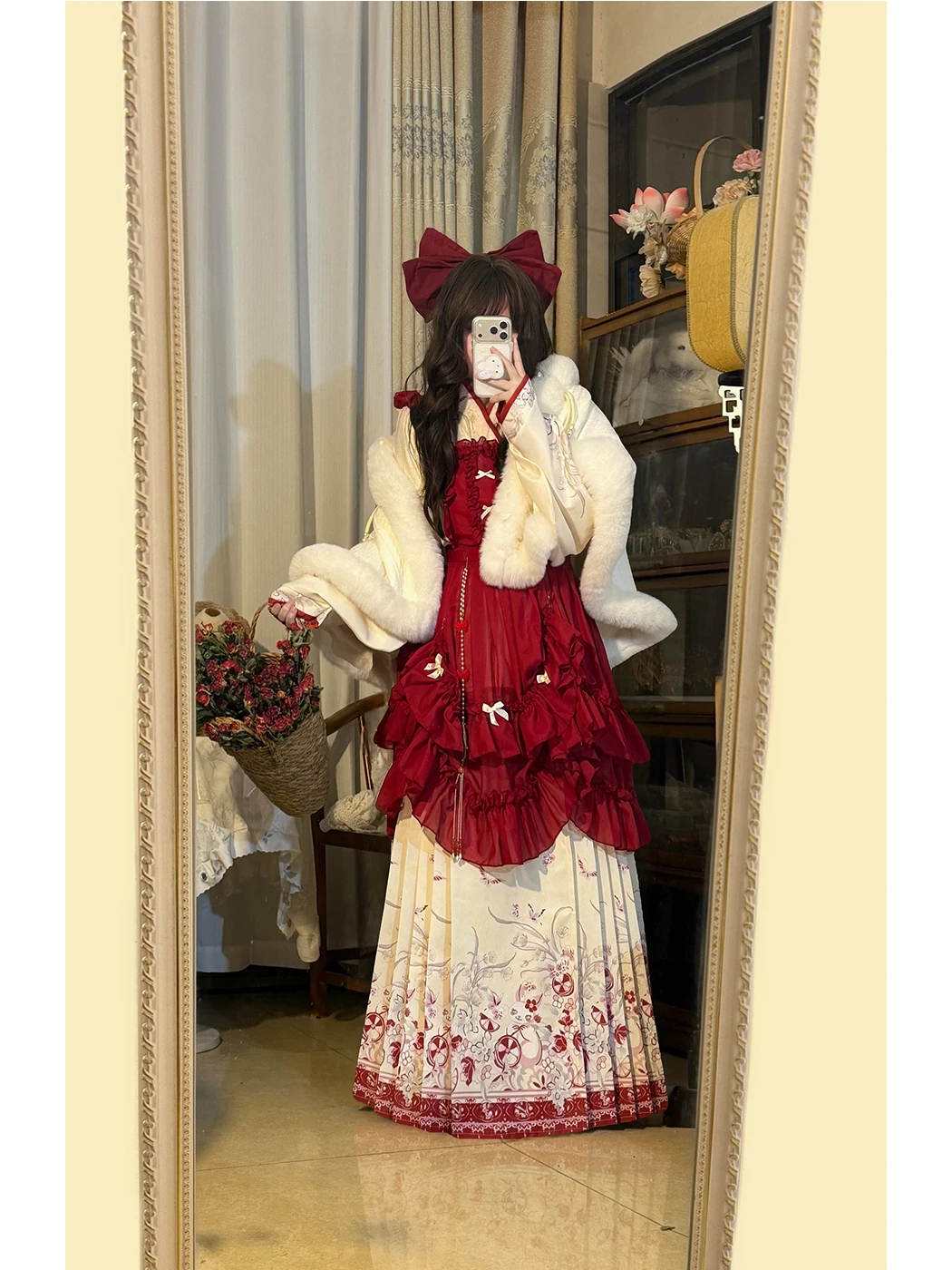 Red Hanfu Lolita Coat with Embroidered Collar And Padded  Skirt for Women Autumn Winter Traditional Chinese Clothing