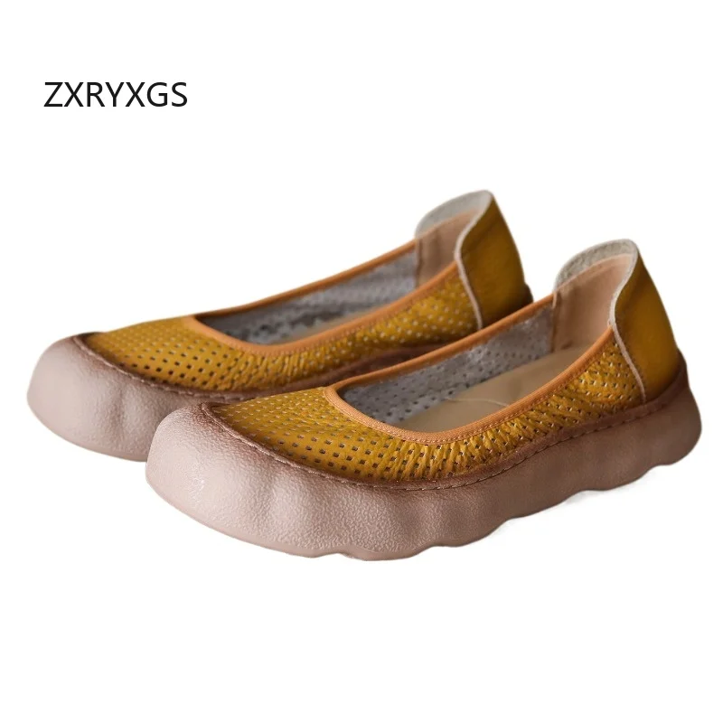 ZXRYXGS 2026 Spring Summer Promotion Genuine Leather Hole Hole Shoes Flat Sandals Breathable Soft Sole Comfortable Women's Flats