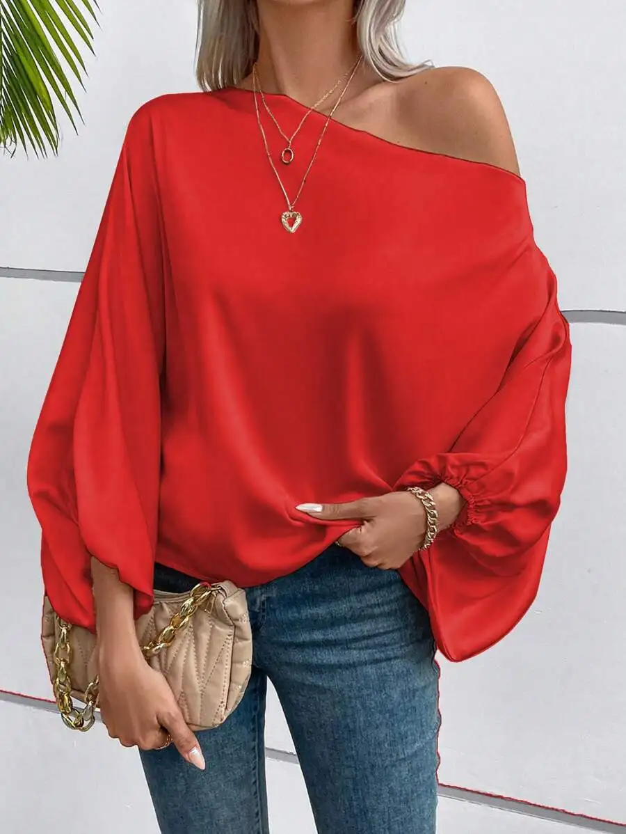 

Women's Red Asymmetrical Off-Shoulder Batwing Sleeve Loose Blouse