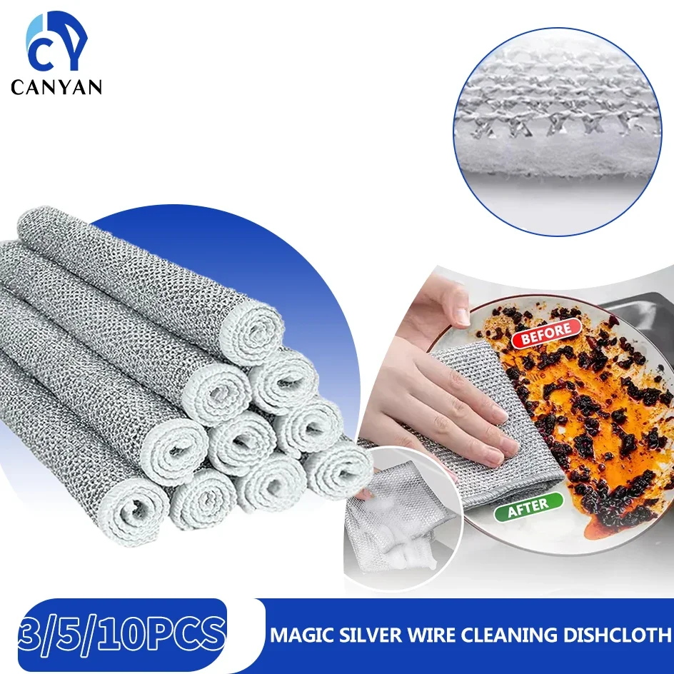 

3/5/10pc Magic Silver Wire Dishcloth Cleaning Kitchen Cloth Goods Thickened Microfiber Wash Towel Reusable Steel Wire Ball Rag