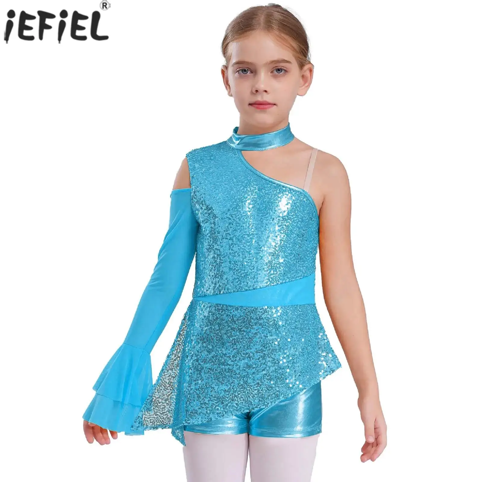 

Kids Girls Sparkly Sequins Jazz Dance Leotard Cold Shoulder Peplum Bodysuit Latin Cha Cha Jumpsuit Wedding Party Prom Dancewear