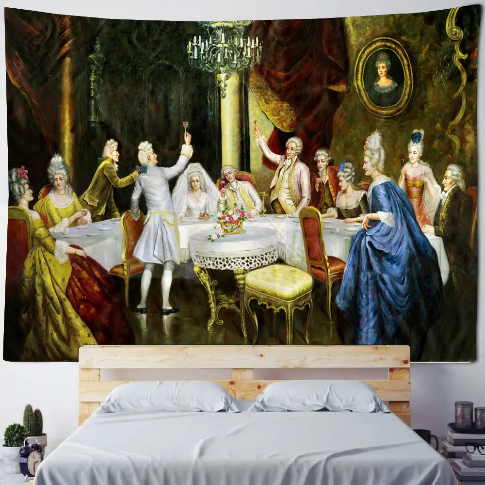 18th century European aristocratic gatherings, dances, ancient oil paintings, background decorations, tapestries, home decor