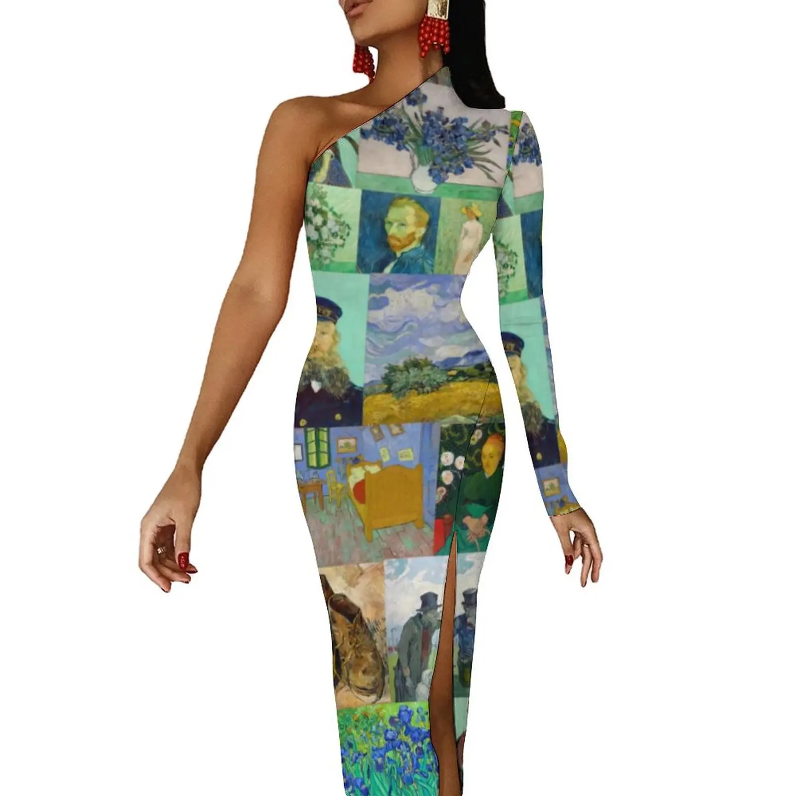 Van Gogh Bodycon Dress Spring Collection of Paintings Trendy High Slit Long Dresses One Shoulder Graphic Street Style Dress