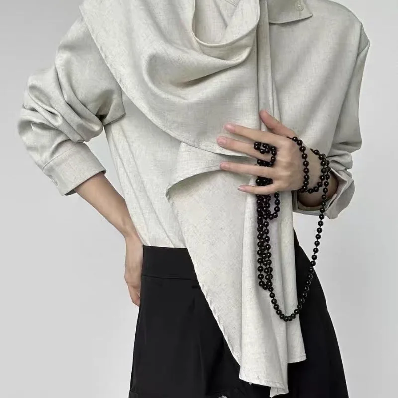 Men Women's Clothing Retro Advanced Feeling Ribbon Scarf Shirt French Style Stand-up Collar Design Neutral Artistic Sense