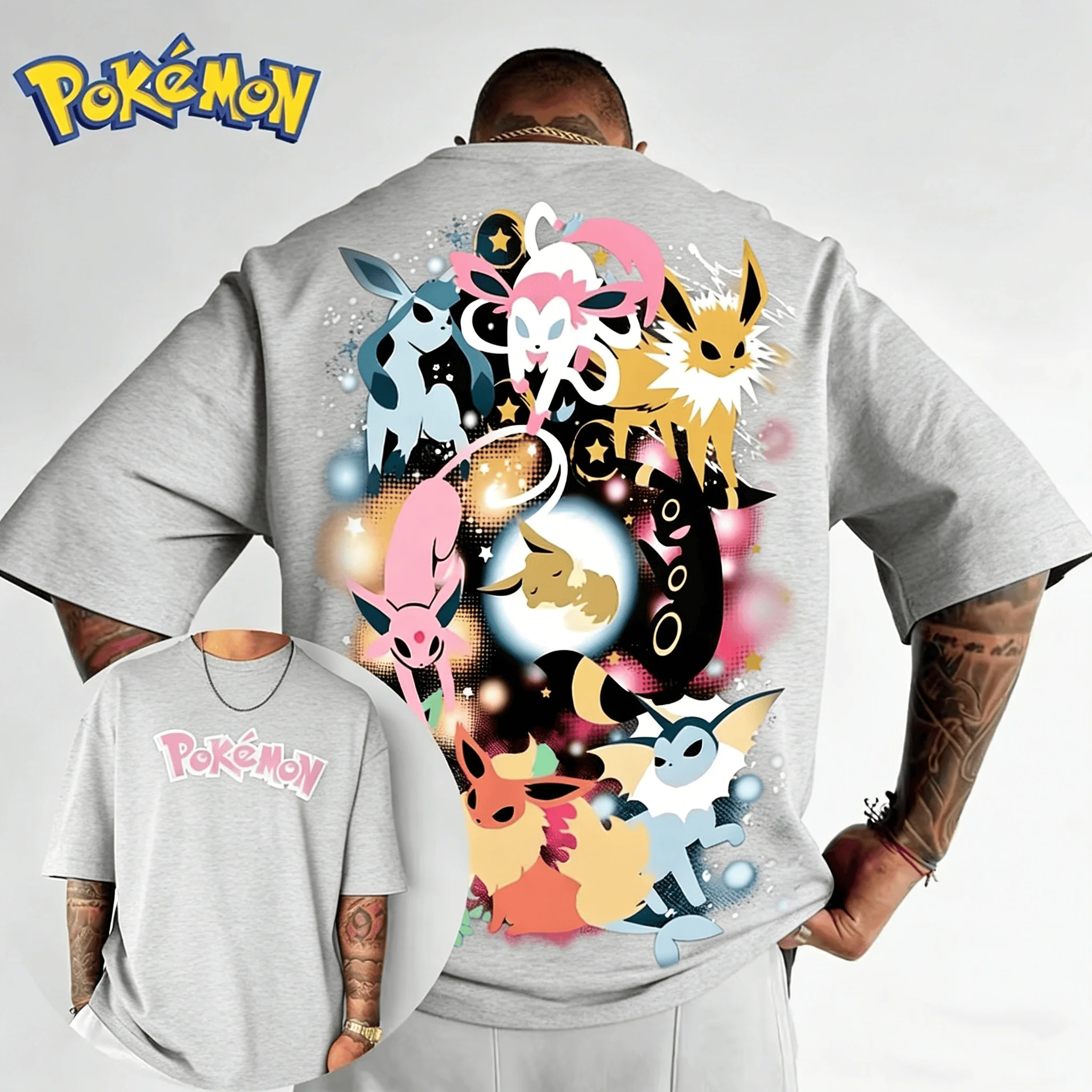 

Pokemon Anime Eevee Creative Cotton Print 2026 Summer New Men's Women's Casual Harajuku Pure Cotton Oversized T-shirt Top