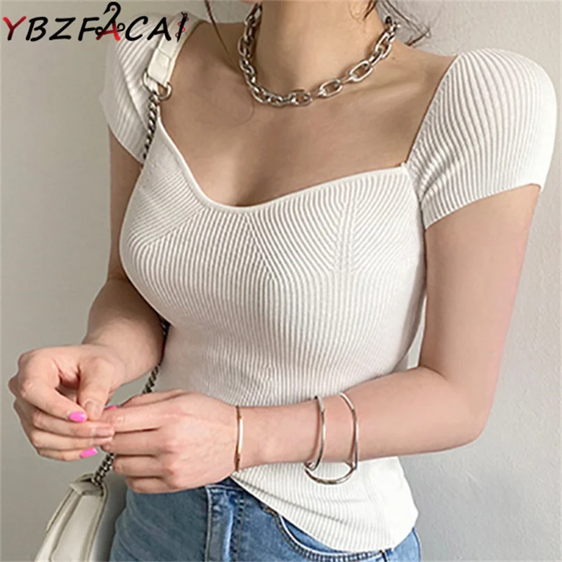 

Women Summer 2022 Fashion Sexy Square-Neck Knitted T-Shirt Simple Short-Sleeved Low-Cut Tight Top French Bottoming Shirt