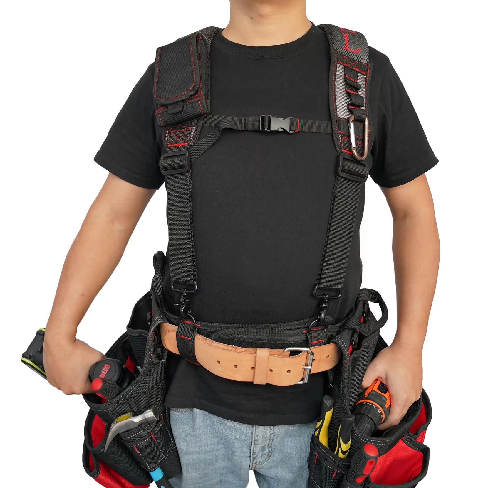 MELOTOUGH Gel Construction Work Suspender Tool Belt Suspenders with Gel shoulder pad Detachable Phone Holder