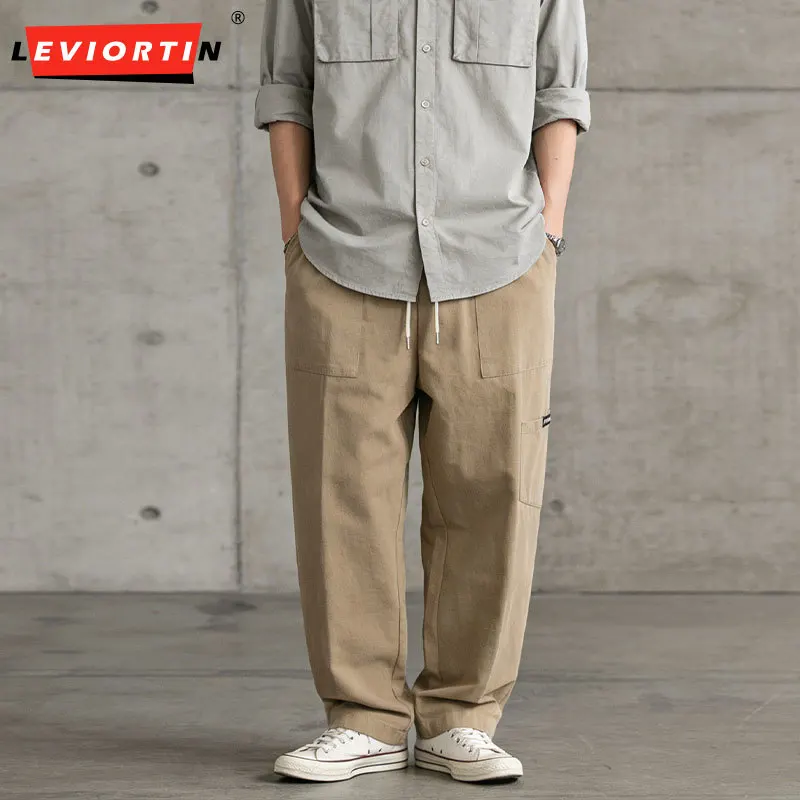 

Мужские рабочие брюки в японском стиле, весенние, повседневные, карго, 100% хлопок, с множеством карманов, свободные, прямые, на шнурке