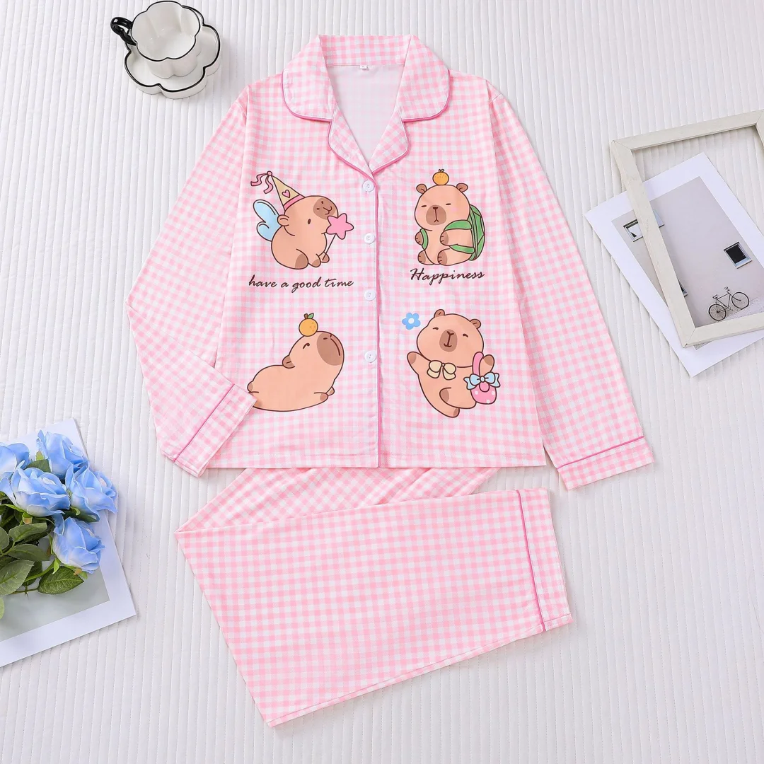 

Women Animal Themed Pajamas Set with Capybara Plaid Print Pink Orange Lapel Long-sleeved and Long Pants Cardigan Home Wear Gifts