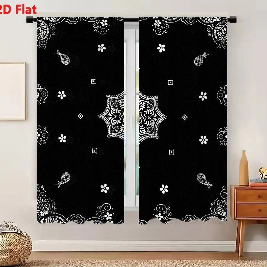 2Pcs Curtains 2D Flat Classic Black Bandana Pattern With White Paisley Motifs And Floral Medallion Design Window Drapes for Bedr