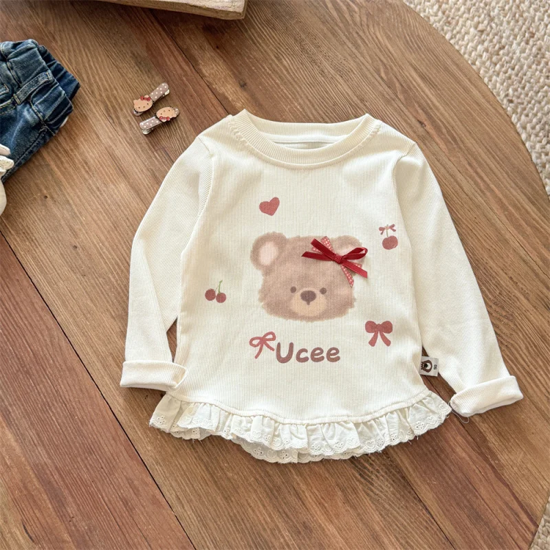 

Girls' Long SleevestShirt Spring and Autumn New Style Girl Cartoon Bear Inner Layer Base Shirt Children's Autumn Outfit Baby Top