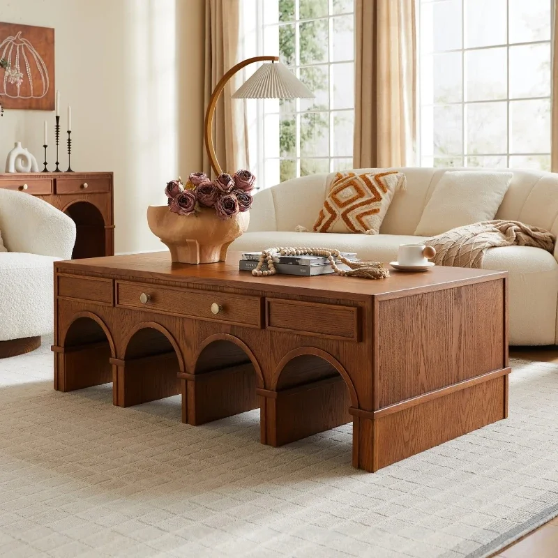 Medieval retro arched coffee table living room storage drawer coffee table French solid wood creative arch tea table
