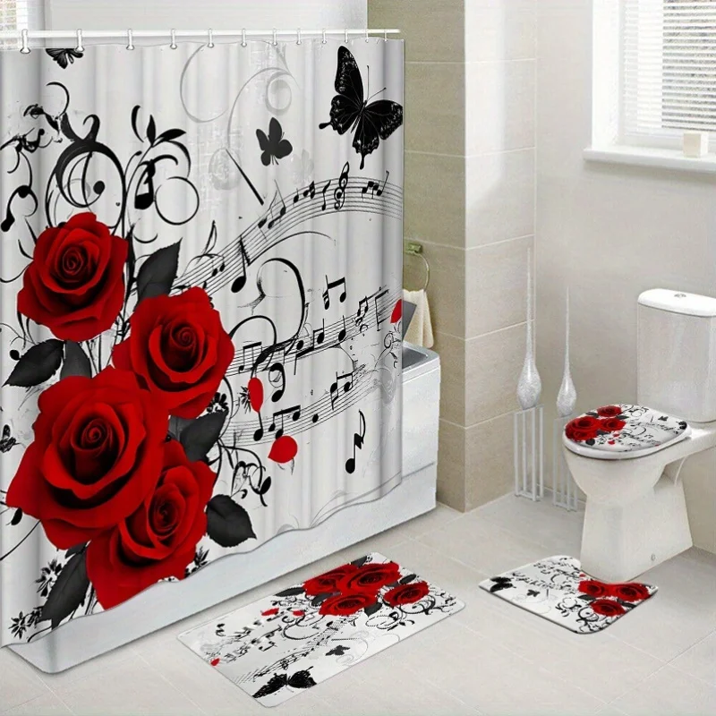 

Комплект занавесок для душа из 4 предметов, полиэстер, тканый, стильный, нескользящий, моющийся, с крючками, коврик для ванной, чехол для унитаза, сиденье