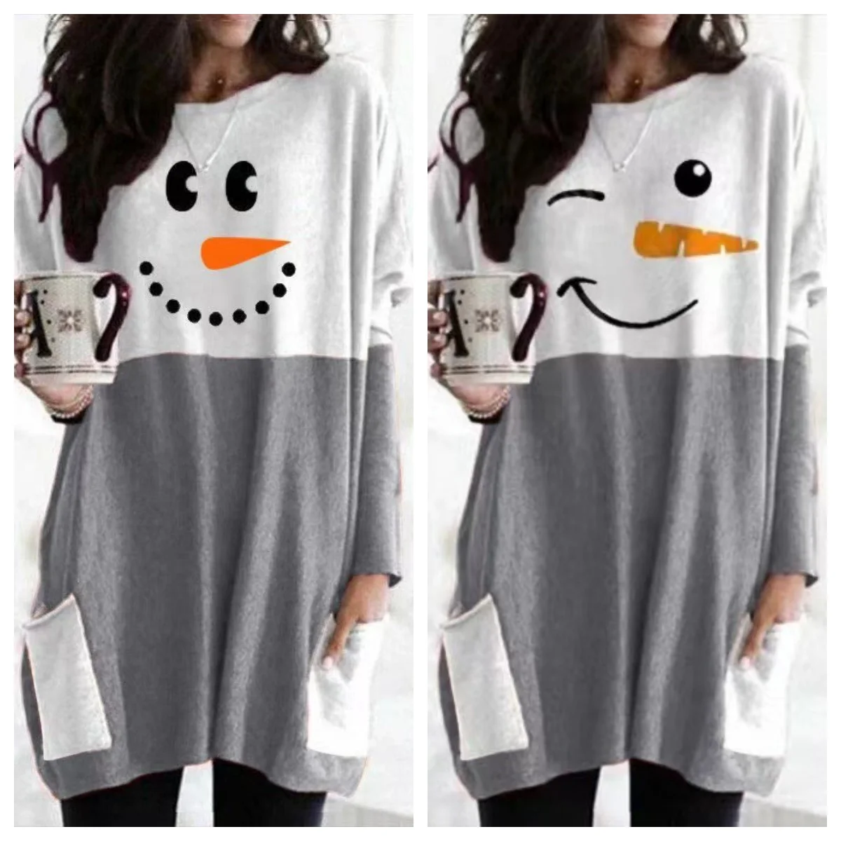 Autunno e inverno nuovo vestito t-shirt tascabile a maniche lunghe con stampa pupazzo di neve di natale