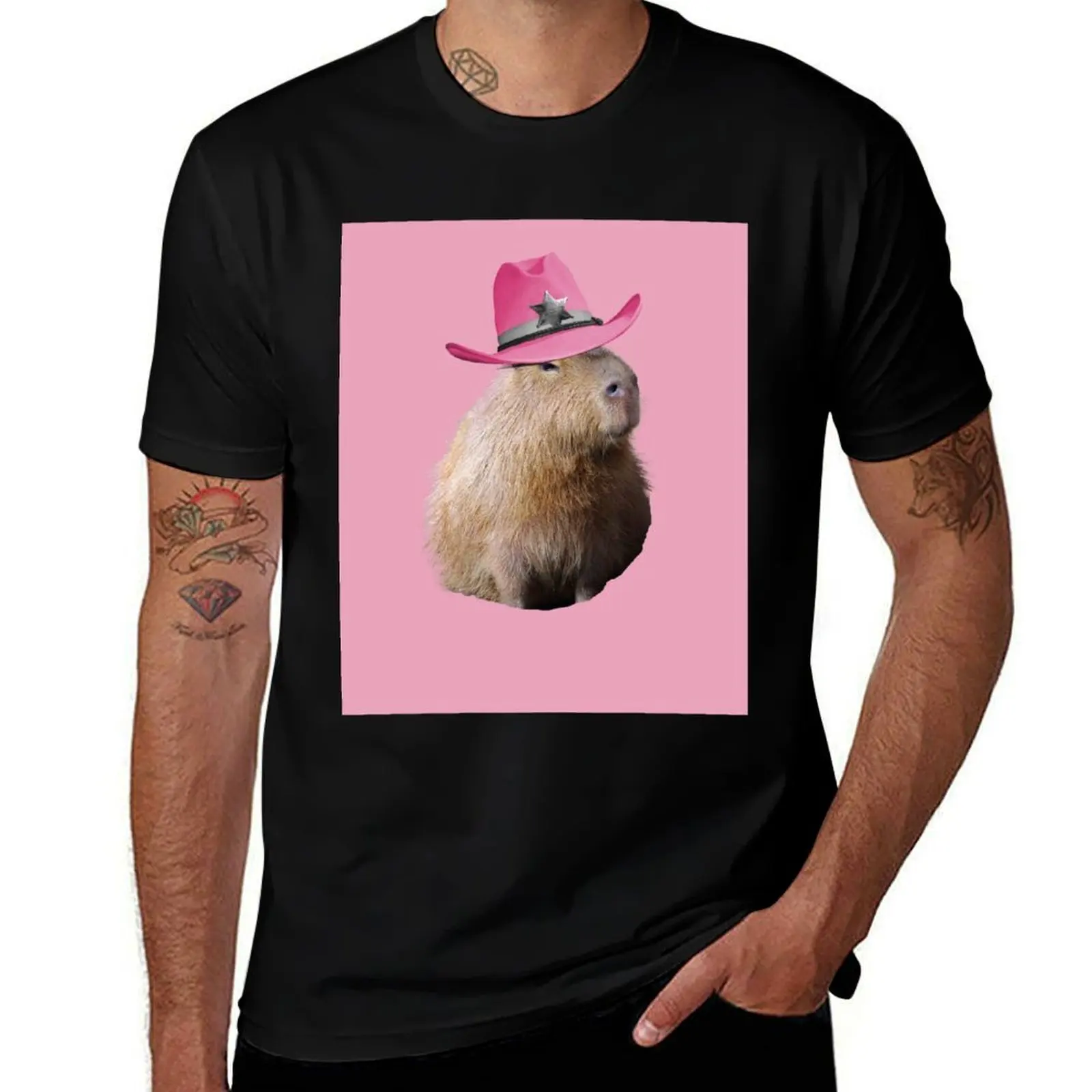 

Capybara Wearing Pink Cowboy Hat T-Shirt Sports Casual Short Sleeve Cotton Tee