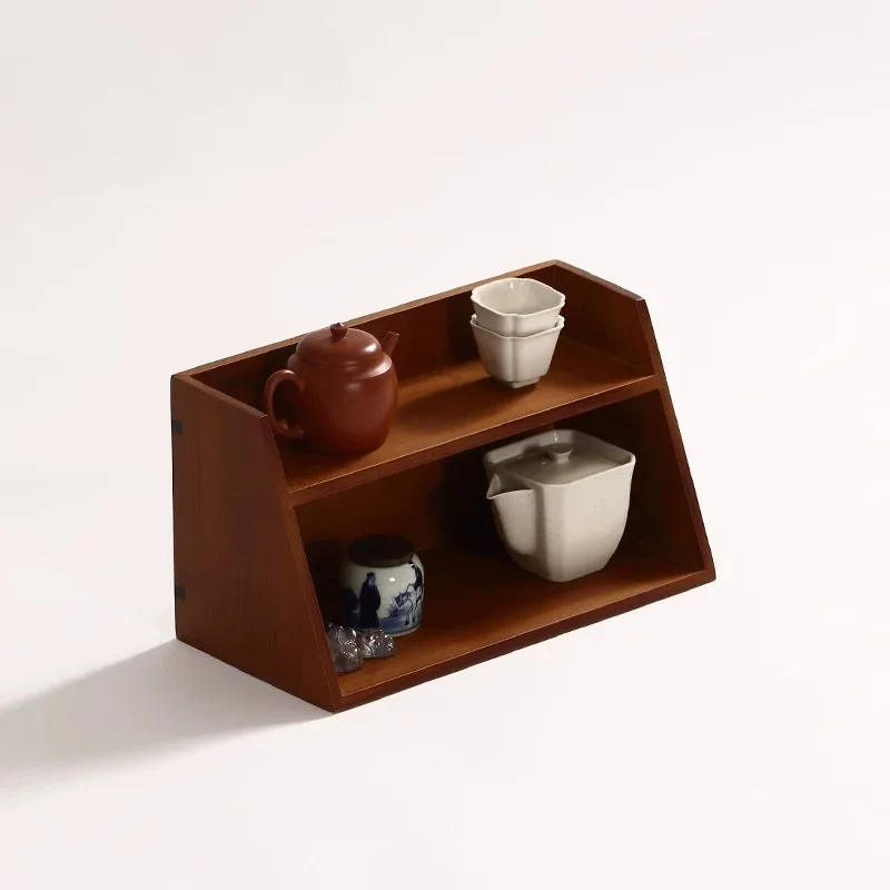 Antique Wood Tea Cup & Pot Storage Cabinet, Multi-Layer Curio Rack & Display Shelf for Teaware, Space-Saving Organizer for  Room