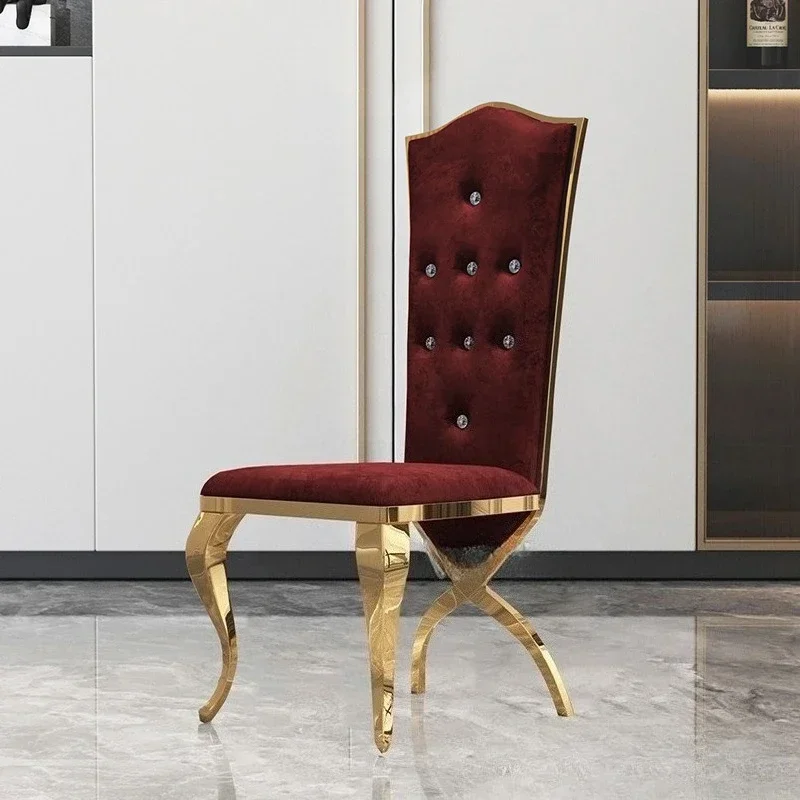 Легкий роскошный обеденный стул из нержавеющей стали, простой современный золотой стул для банкетного зала отеля, высококачественный табурет с высокой спинкой оптом