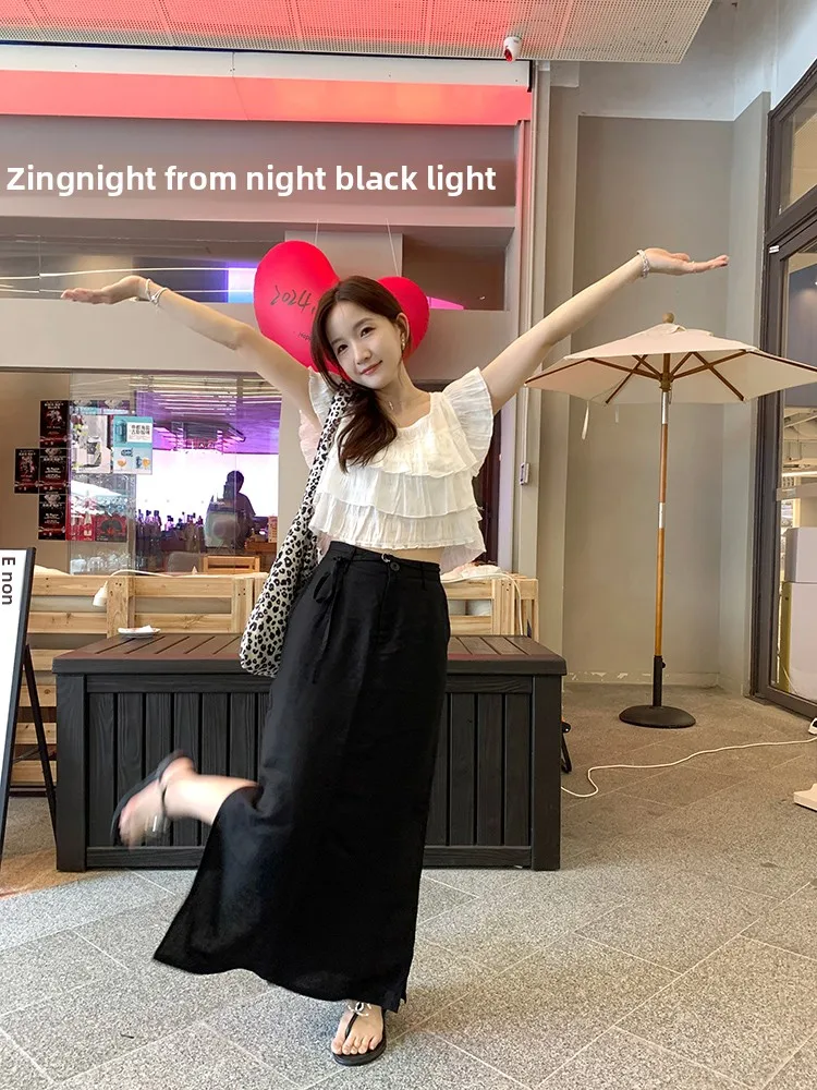 

XierZ High Waist Straight Leg Black Linen Midi Skirt Women's Elegant Atmosphere Half-length Skirts Summer Fashion 2024