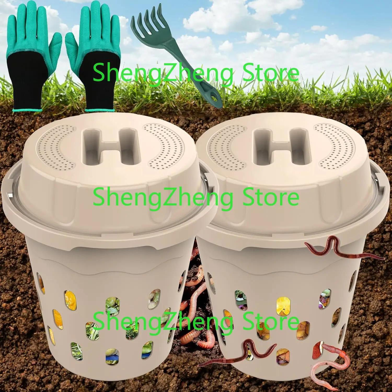 2-Pack Inground Worm Composter, Outdoor Worm Compost Bin for Garden Beds & Home Use, Vermicomposting Bin for Beginners