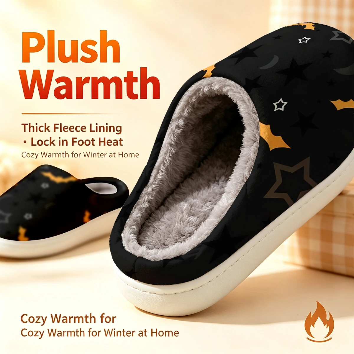 Halloween Bat Star Moon Christmas White Slippers Warm Plush Indoor Shoes Non-Slip Winter Slippers Family Holiday Gifts Soft