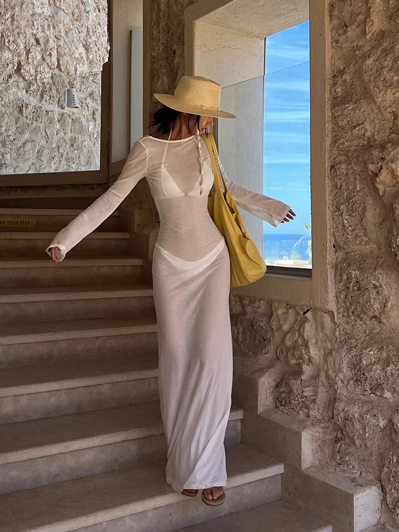 Robe longue transparente à manches longues pour femmes, vêtements de plage, Sarelle, dos bas