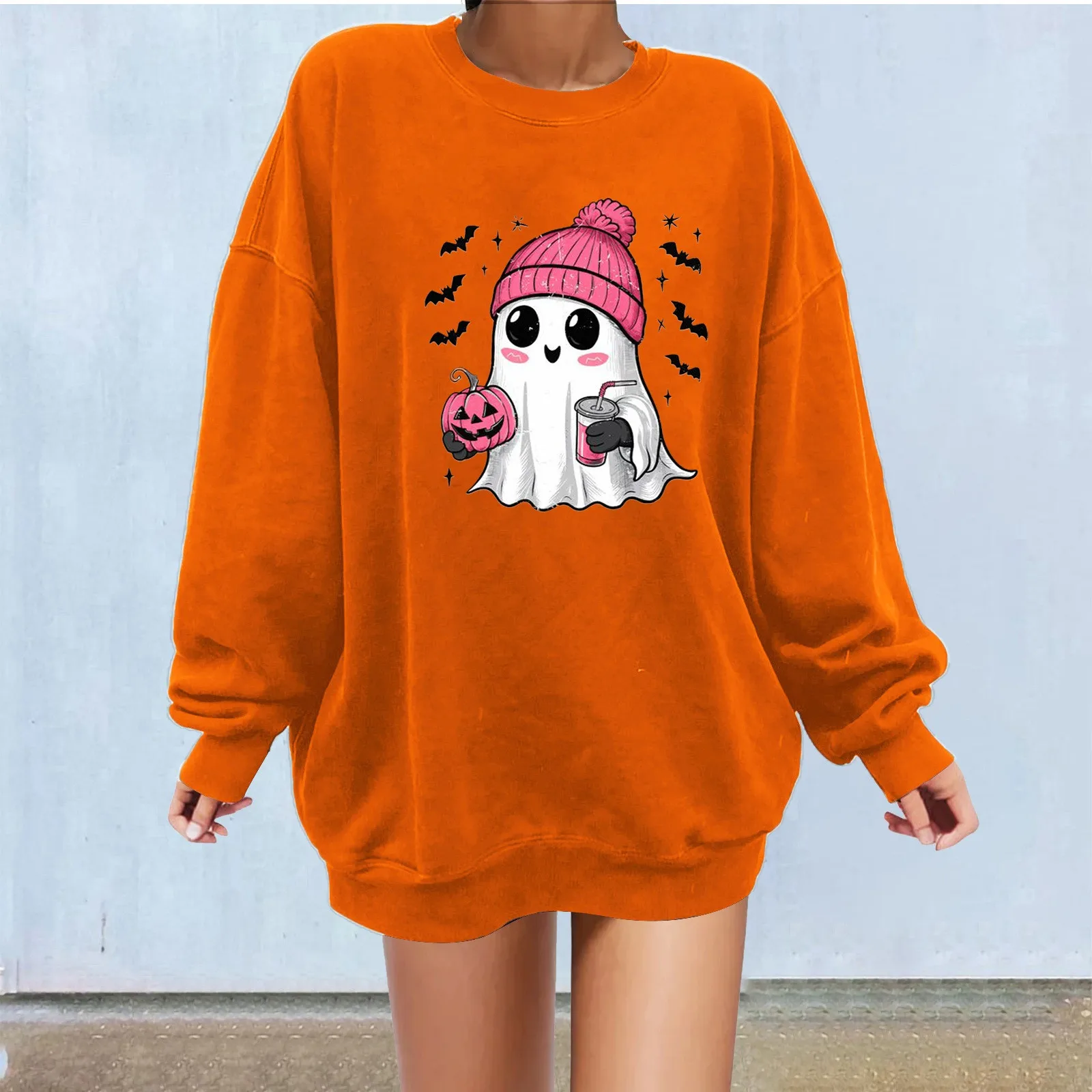 Dames Halloween-hoodie Herfst Winter Trendy bedrukte hoodie Top Ghost Holding Pumpkin Head Drankprint Hoodless Sweatshirt