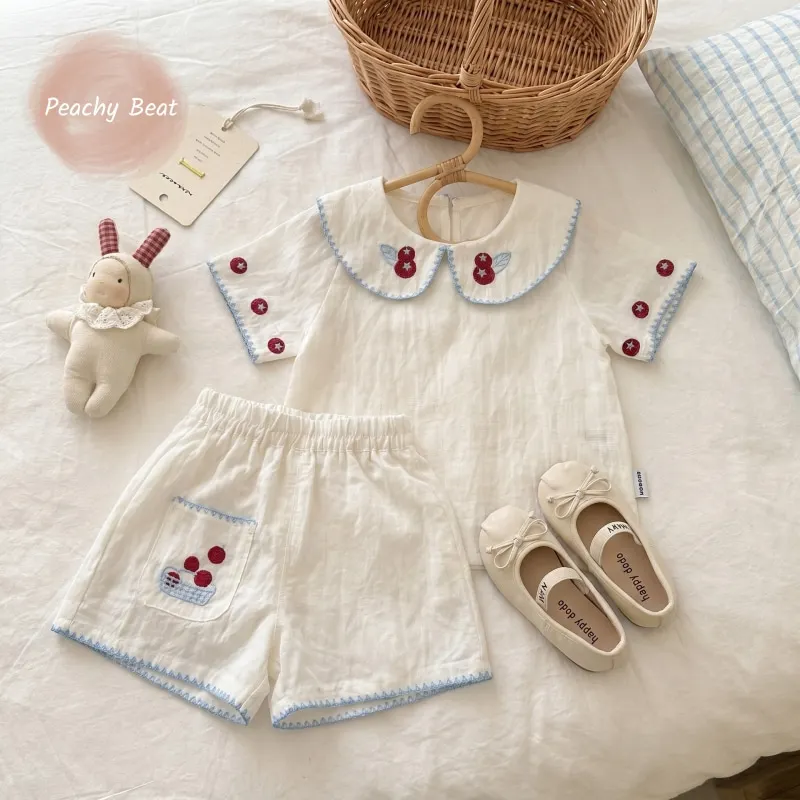 

Fashion Baby Girl Cotton Clothes Set Shirt+Shorts 2PCS Infant Toddler Child Cherry Embroidery Suit Summer Baby Clothes 1-10Y