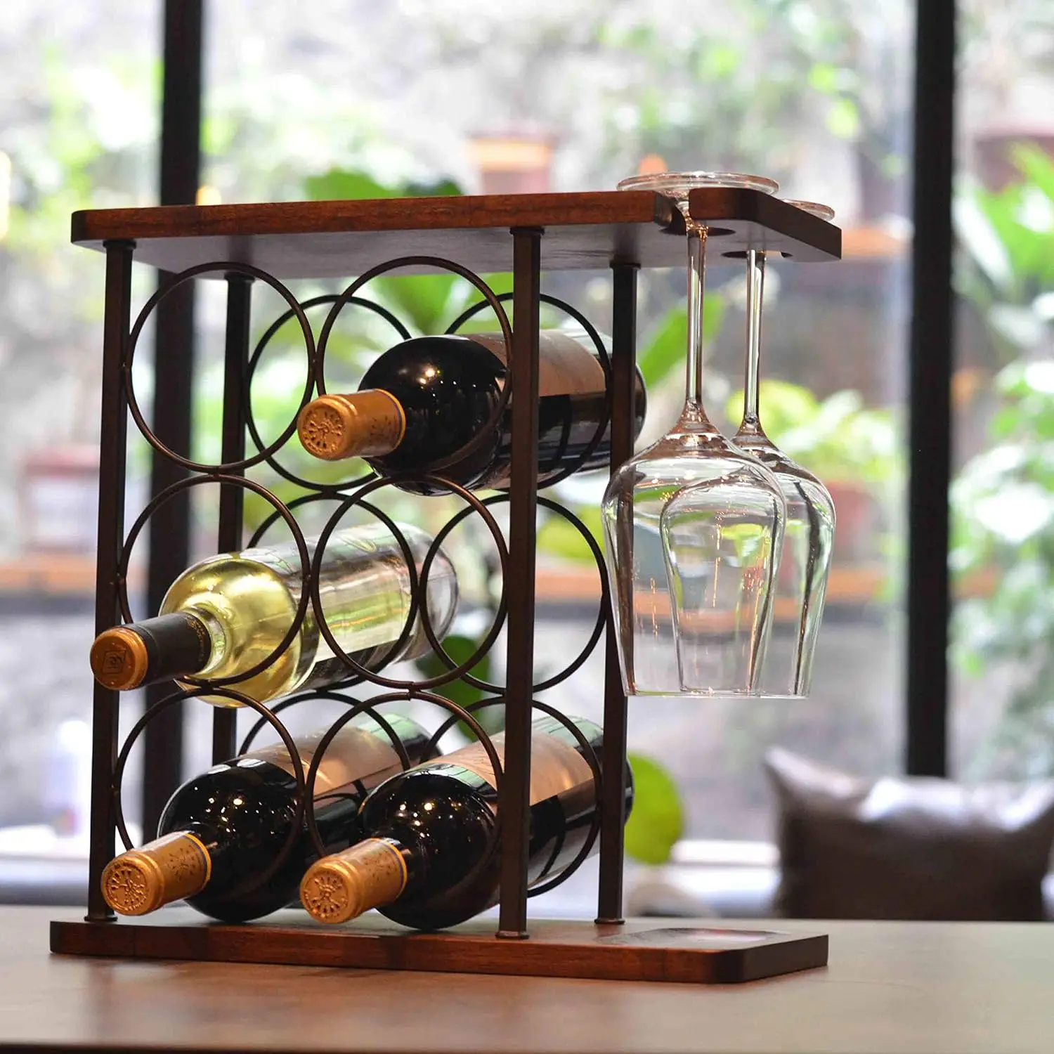 Solid Wood Wine Rack with Glass Holder Countertop Wine Rack Wooden Wine Holder with Tray Home Decor & Kitchen Storage Rack