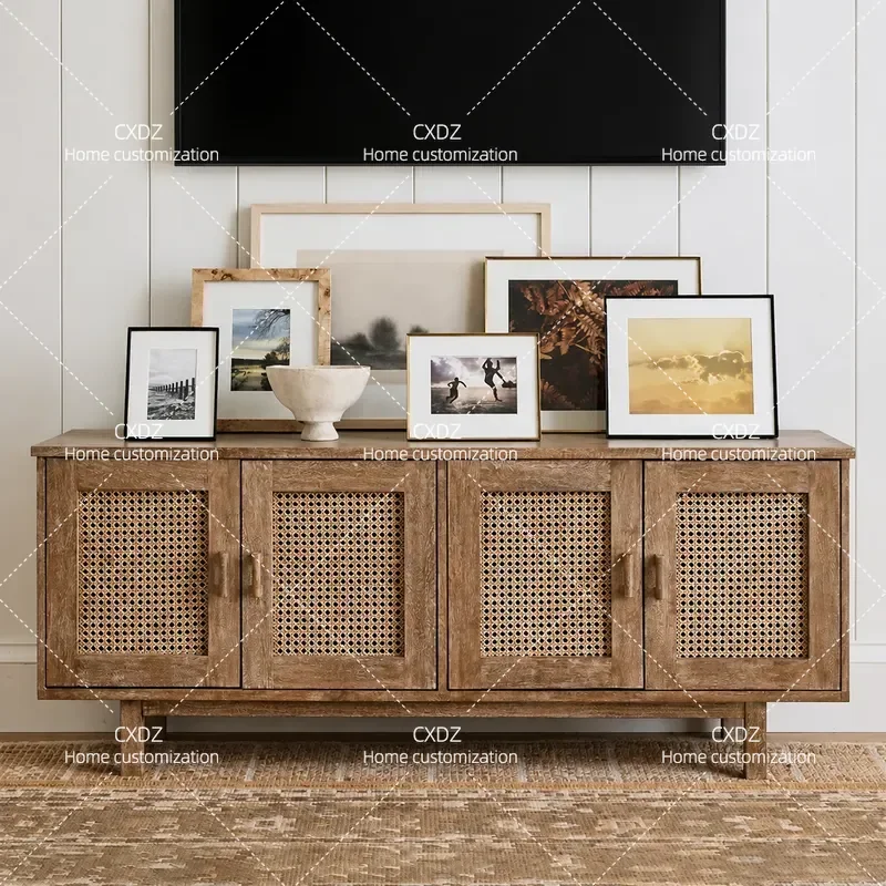 Antique Solid Wood Rattan Living Room TV Cabinet Retro Audio Visual Storage Locker